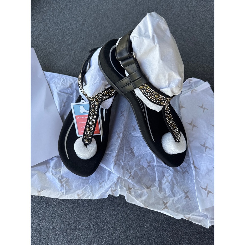 Aetrex Lindsey Black Studded Orthotic Thong Sandals SE680W Womens 7 NEW